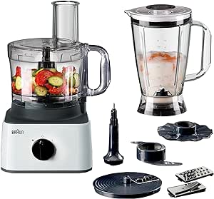 [FP0132WH] Braun Food Processor 8 in 1 System, 750 Watts, 2.1 L Bowl Capacity, 1.8 L Blender Capacity, 2 Speed Button and Pulse, Chop, Slice, Grate, Whisk & Puree - FP 0132 White