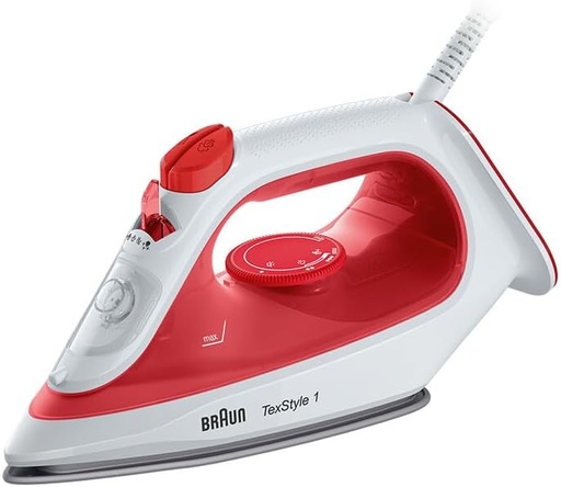 [SI1019RD] Braun TexStyle 1 SI1019RD, Steam Iron, Non-Stick Coating, Thermostat, 25g/min in Turbo Mode, 220ml Water Tank, 1900W, Red/White