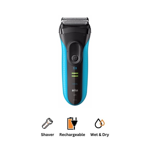 [BRAUN SHAVER 3040] ماكينة حلاقة براون سيريز 3 برو سكين للاستخدام الجاف والرطب، اسود/ازرق - 3040s