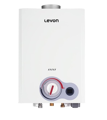 [6518123] Livon gas heater, 6 liters, digital, white, copper, without a chimney, with a DH4 power adapter